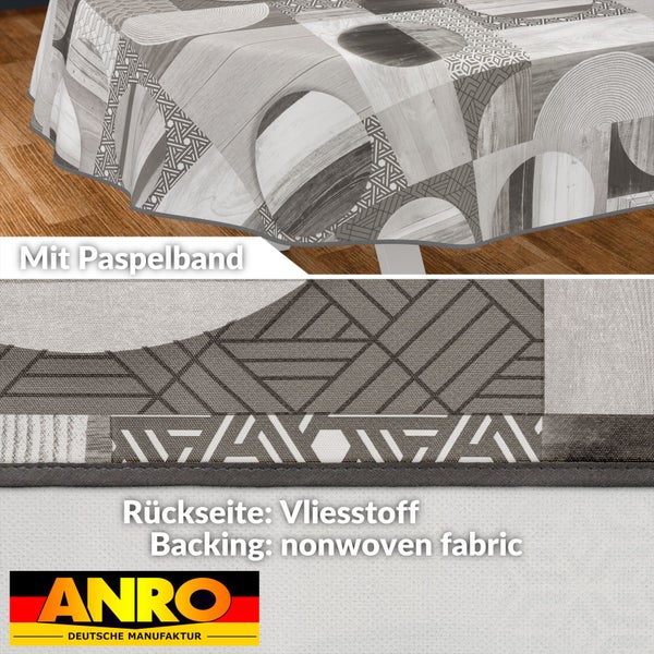 Tischdecke mit geometrischem Muster und Paspelband sowie Rückseite aus Vliesstoff
