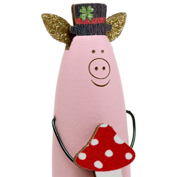 Dekorative Glücksschwein Figur mit Fliegenpilz und Zylinder