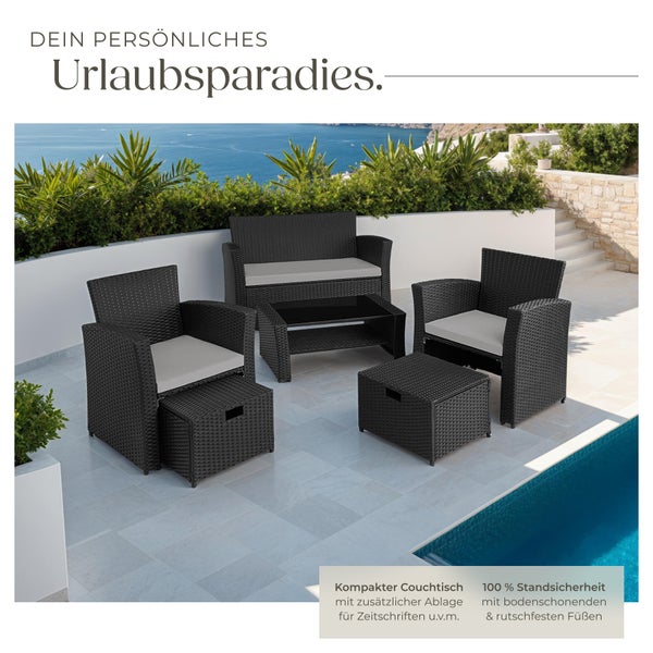 Rattan Sitzgruppe tectake Modena inklusive Staufach und Schutzhülle für 4 bis 6 Personen schwarz/grau