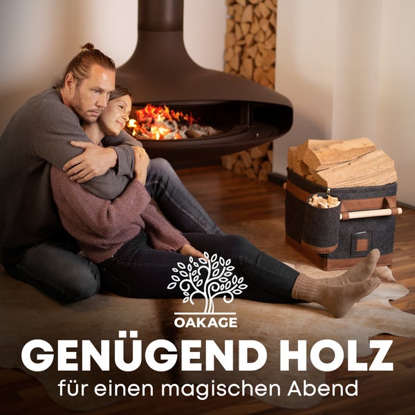 OAKAGE® FireMaster Duo Dunkelgrau Holzkorb Filz - Einhängbarer Zündholzkorb - 42x32x35cm
