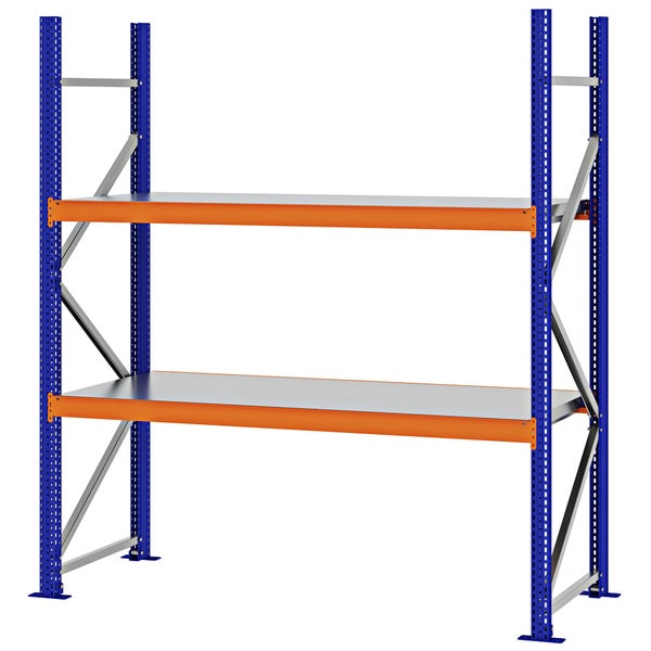 Schwerlastregal aus Metall mit zwei Böden, blauem Rahmen und orangefarbenen Traversen.