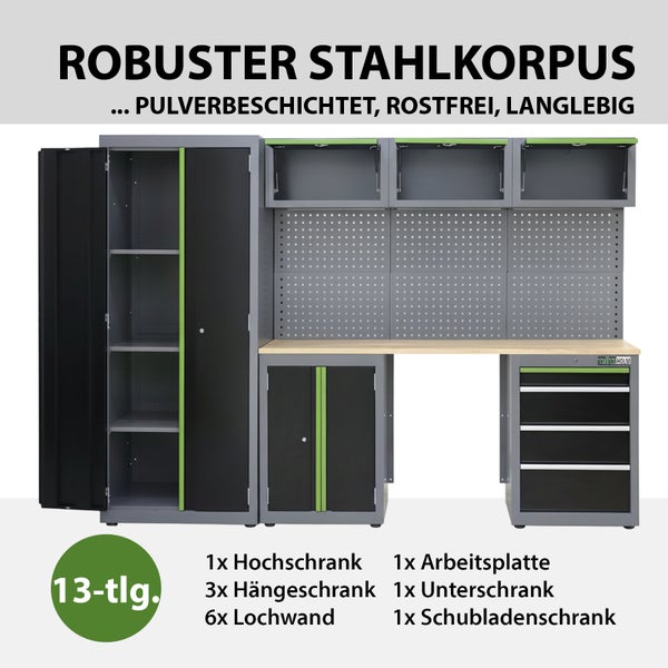 Werkstatteinrichtung, 13-teilig mit Hochschrank, Hängeschränken, Lochwand, Arbeitsplatte, Unterschrank und Schubladenschrank