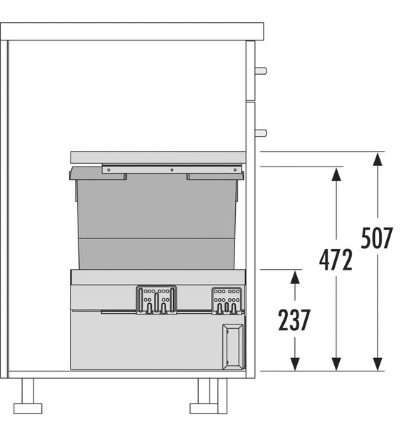 Technische Zeichnung eines Abfalltrennsystems im Küchenunterschrank mit Bemaßung in Millimetern.