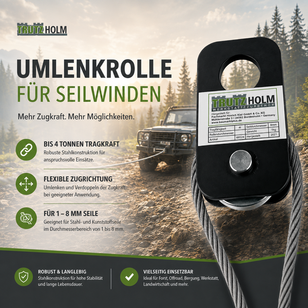 Trutz Holm Umlenkrolle für Seilwinden mit 4 Tonnen Tragkraft für 1 bis 8 Millimeter Seile, robuste Stahlkonstruktion für Offroad und Forst.