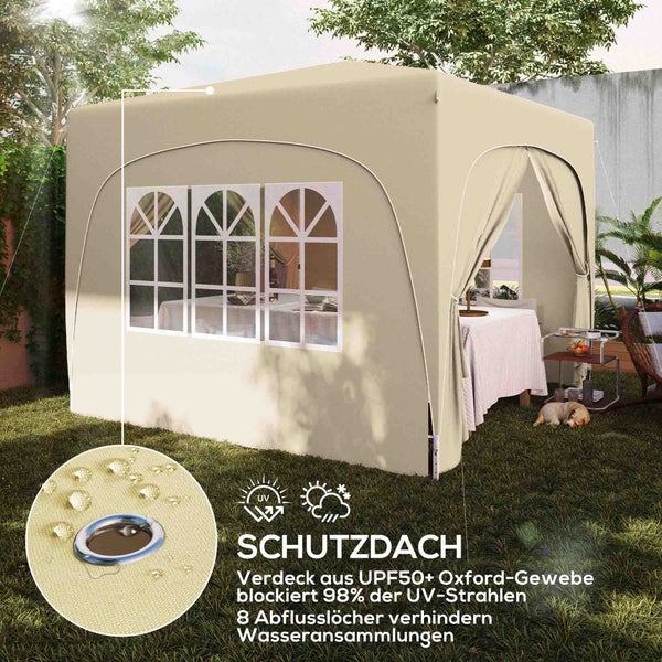 Outsunny Pavillon 3x3m, wasserabweisend Stabil Winterfest Pop-up Faltpavillon, UV Schutz 50+, Faltbar Partyzelt Gartenzelt mit 4 Seitenteilen Tasche Gartenpavillon für Camping Garten, Sand