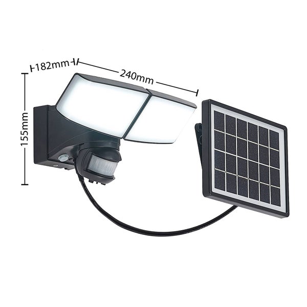 Solar-LED-Außenstrahler mit Bewegungsmelder, zwei Lichtköpfe, Solarpanel, Maße 155 Millimeter mal 240 Millimeter mal 182 Millimeter.