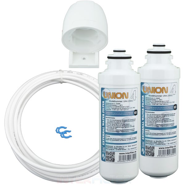 Wasserfilter Set Union 4 inklusive zwei Filterkartuschen, Wandhalterung, Schlauch und zwei Sicherungsclips zur Wasseraufbereitung.