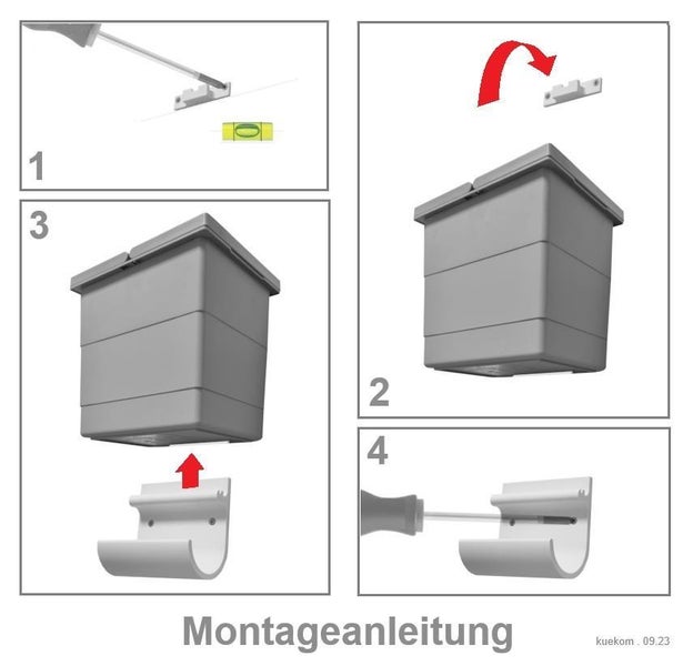 Montageanleitung in vier Schritten für ein Nistkastengehäuse mit Wandhalterung unter Verwendung von Wasserwaage und Schraubendreher.