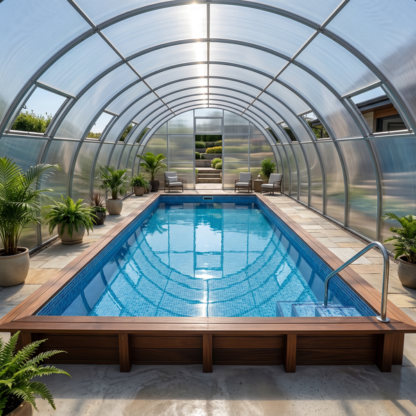 Überdachtes Schwimmbecken mit Holzumrandung und Pflanzen in einem hellen, großzügigen Wintergarten mit gewölbter Polycarbonat Überdachung.