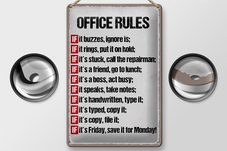 Blechschild Spruch 20x30cm Office rules it buzzes ignore it