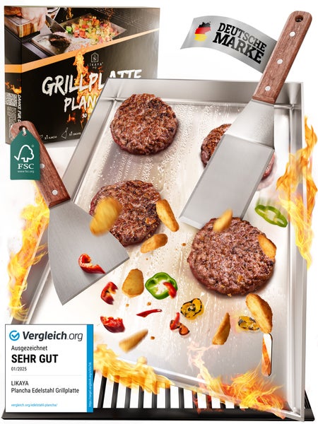 LIKAYA Plancha Edelstahl Grillplatte [30x40cm] – Verzugsfreier 4mm Edelstahl inkl 2x Grillspachtel mit FSC-Akazienholzgriff – Perfekt für Smash Burger, Gemüse & mehr!
