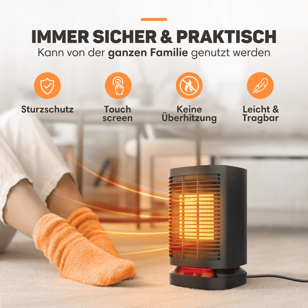 Vulpes Goods Keramik Heizlüfter - Keramik Heizung - 950 Watt Heizung - Oszillation 70° - 3 Leistungsstufen - Elektrischer Heizlüfter - Heizlüfter - Schwarz