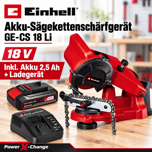 Einhell Akku Sägekettenschärfgerät GE-CS 18 Li mit 2,5 Amperestunden Akku und Ladegerät für Kettensägen.