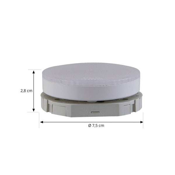 Runde Möbelleuchte in Weiß und Grau mit einem Durchmesser von 7,5 Zentimeter und einer Höhe von 2,8 Zentimeter.