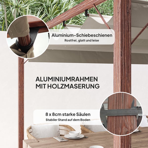 Outsunny Pergola ca. 3x3m Garten Pavillon mit magnetischen Pad, Terrassendachung aus Aluminium, Gartenpavillon mit verstellbares Dach, Freistehend, UV Schutz 30+, für Terrasse und Garten, Naturholz