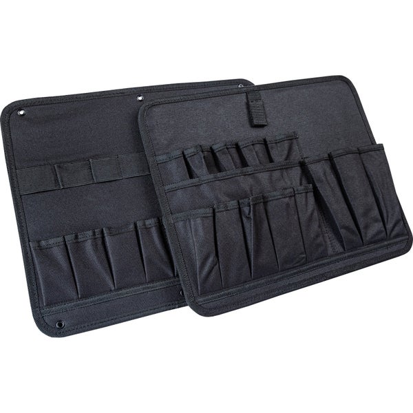 Zwei Werkzeugtafeln aus schwarzem Textilgewebe mit verschieden großen Einsteckfächern und elastischen Schlaufen zur Werkzeugaufbewahrung.