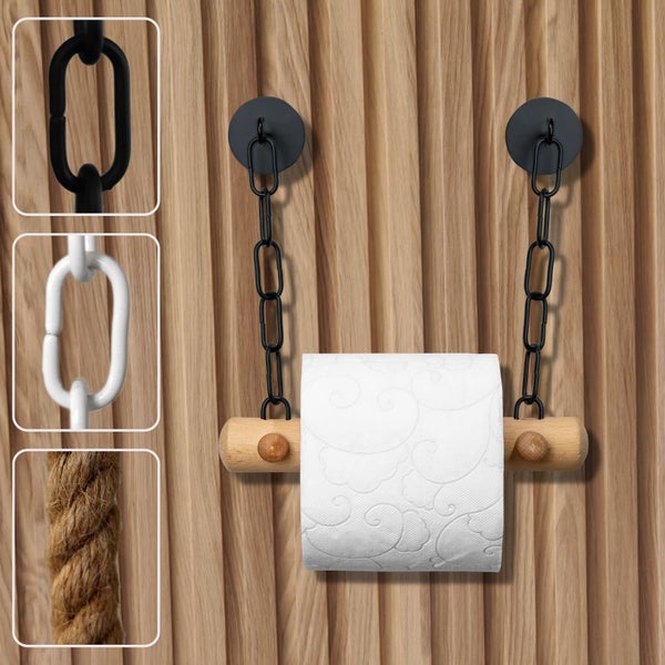 Toilettenpapierhalter aus Holz mit Ketten an einer Lamellenwand. Detailansichten zeigen Ketten in Schwarz, Weiß oder ein Seil.