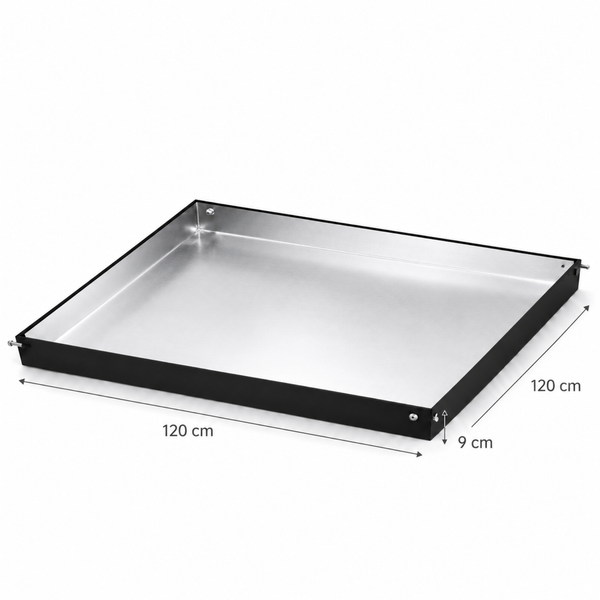 Quadratische Wanne aus Metall mit den Maßen 120 Zentimeter mal 120 Zentimeter und 9 Zentimeter Höhe.