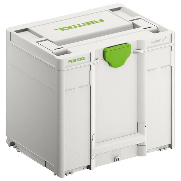 Festool Werkzeugkoffer Systainer 3 aus lichtgrauem Kunststoff mit grünem Verschluss und Tragegriff.