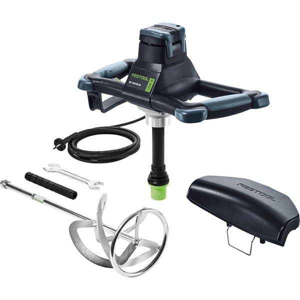 Festool Rührwerk MX 1200 RE EF mit Rührstab, Gabelschlüssel und Zubehör für professionelles Mischen von Baustoffen.