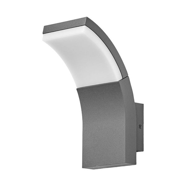 Moderne gebogene LED-Außenwandleuchte mit anthrazitfarbenem Gehäuse und weißem Kunststoffschirm.