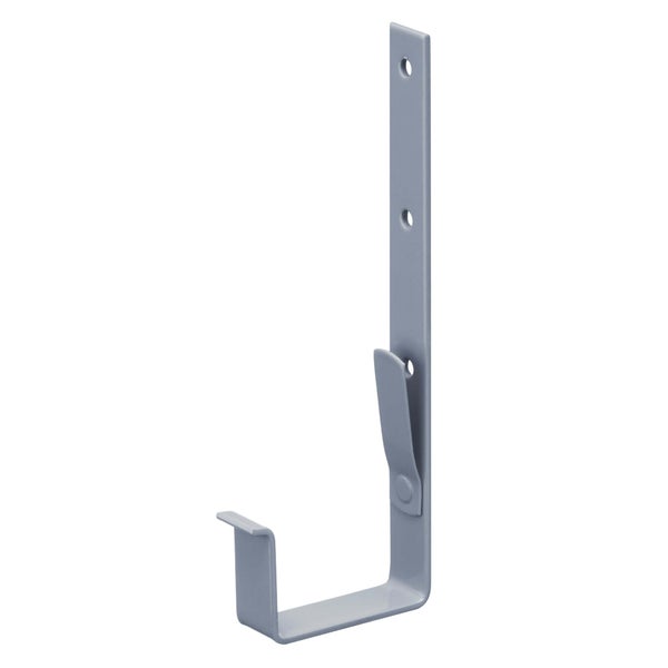 Rinnenhalter aus Metall zur Montage von Dachrinnen, J-Form mit Befestigungslöchern und Federclip.