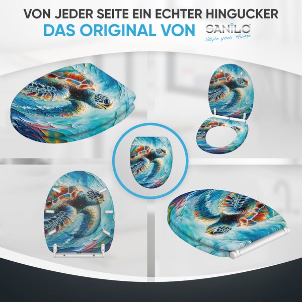 Sanilo WC Sitz mit Schildkröten Motiv in verschiedenen Ansichten gezeigt, inklusive Sanilo Logo.