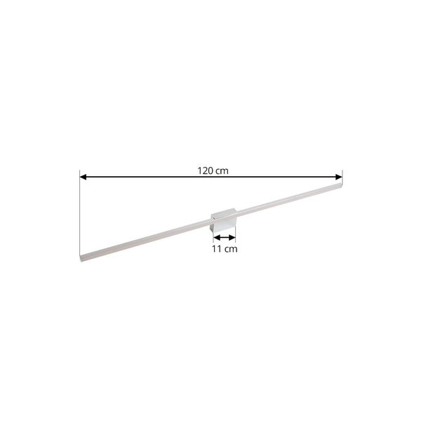 Moderne LED-Wandleuchte in Chrom mit einer Breite von 120 Zentimetern und einer Sockelbreite von 11 Zentimetern.