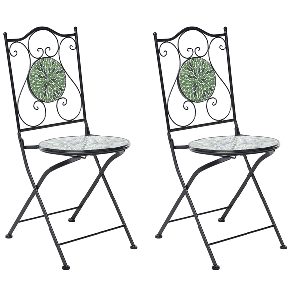 Zwei schwarze Metall-Klappstühle im Bistrostil mit grünem Blumen-Mosaik auf Sitzfläche und Rückenlehne.