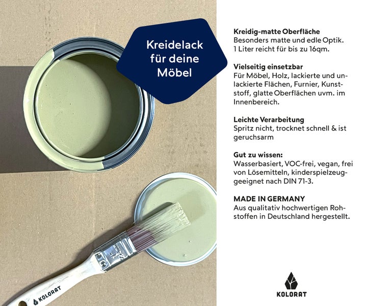 Kolorat Kreidefarbe für Möbel - ein mildes Salbeigrün - Farbton Salbeiwind Nr. 127. Matter Kreidelack für innen - Möbellack, Möbelfarbe - Holzfarbe - Kreidefarbe für Holz