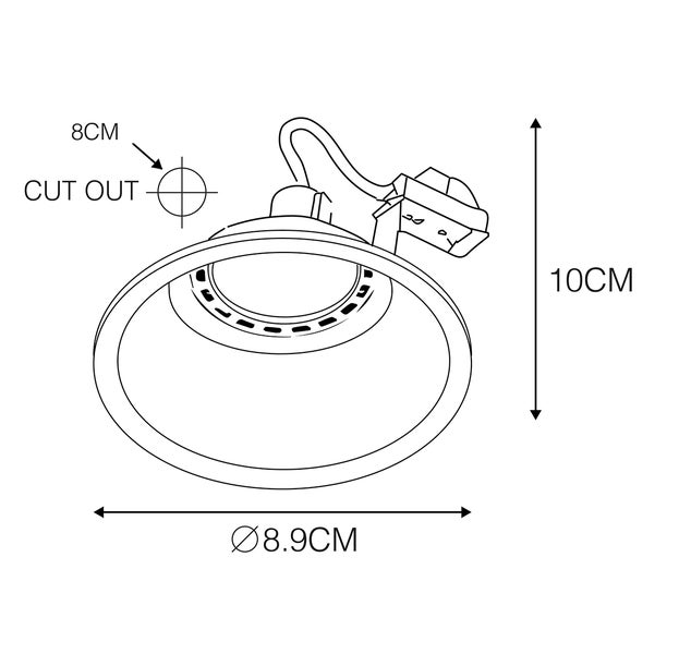 Technische Zeichnung eines Einbaustrahlers mit Maßen: Durchmesser 8,9 Zentimeter, Einbauöffnung 8 Zentimeter und Höhe 10 Zentimeter.
