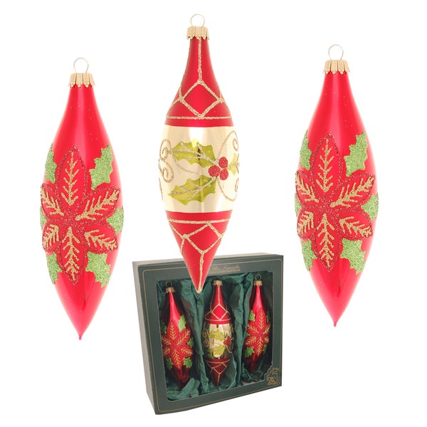 Weihnachtsstern & Beeren, 3-er Set, Oliven, rot matt/gold glanz, 15cm, 3 Stck.