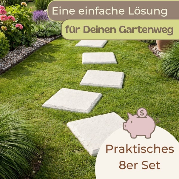 Quadratische Trittplatten für einen Gartenweg auf grünem Rasen im praktischen 8er Set.