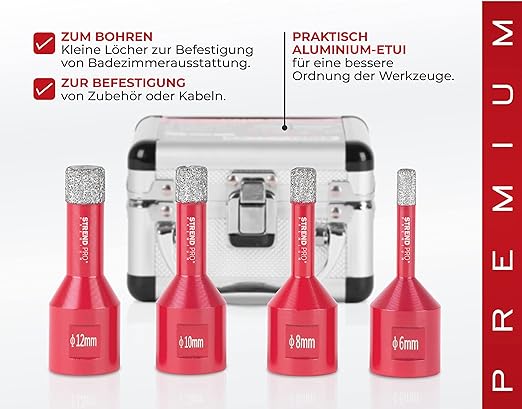 PROREGAL Diamant Bohrkronenaufsatz-Set Premium Crystal 6 - 8 - 10 - 12 mm für Fliesen Glas Feinsteinzeug Keramik| Winkelschleifer Flex M14