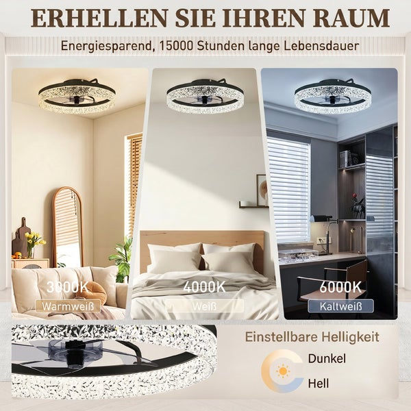 Deckenventilator mit LED-Ring, einstellbare Farbtemperatur 3000 bis 6000 Kelvin und dimmbare Helligkeit, dargestellt in verschiedenen Wohnräumen.