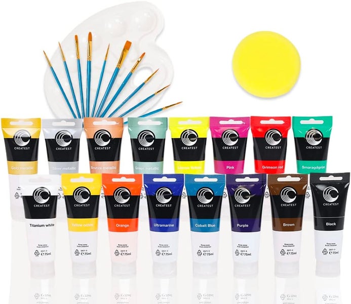 Createst Acrylfarben-Set mit 17 Tuben zu je 75 Milliliter, 10 Pinseln, einer Mischpalette und einem Schwamm.