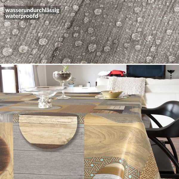 Tischdecke mit Holzdekor und wasserabweisender Oberfläche auf einem Tisch