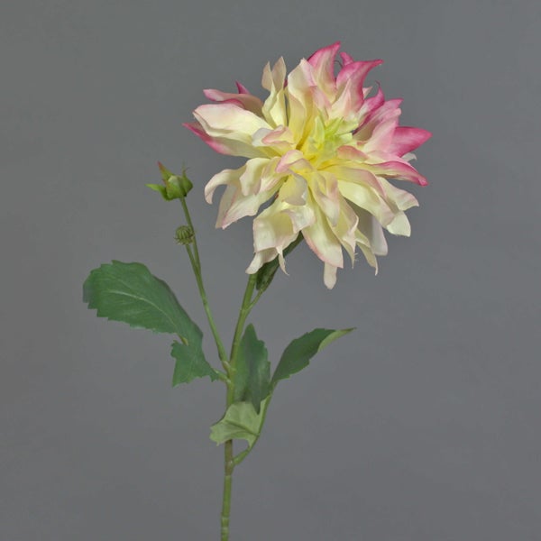 Künstliche Dahlie mit gelben Blütenblättern und rosa Spitzen, grünem Stiel, Blättern und einer Knospe.