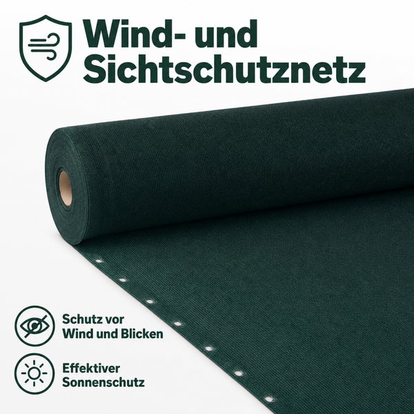 Wind- und Sichtschutznetz auf Rolle mit Ösenleiste zur Befestigung am Zaun.