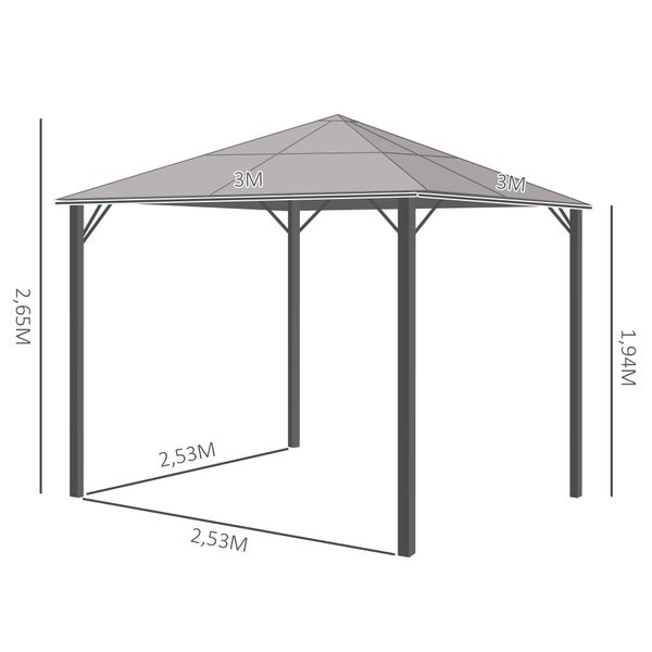 Outsunny Pavillon, 3 x 3m Gartenpavillon, 300L x 300B x 265H cm, PC, Alu, Dunkelgrau