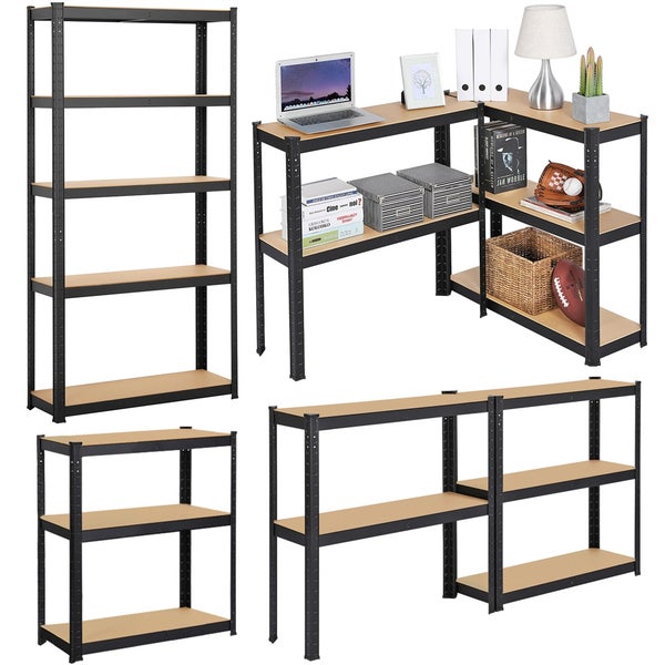 Modulares Schwerlastregal aus schwarzem Metall mit Holzböden, verschiedene Aufbauvarianten als hohes Regal, niedriges Regal oder Eckschreibtisch.