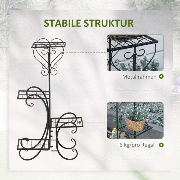 Outsunny Blumenständer Blumenregal aus Metall 4 Ebenen Pflanzenregal Blumentreppe Blumenständer für innen und außen Garten Balkon Schwarz 45 x 24,5 x 80 cm