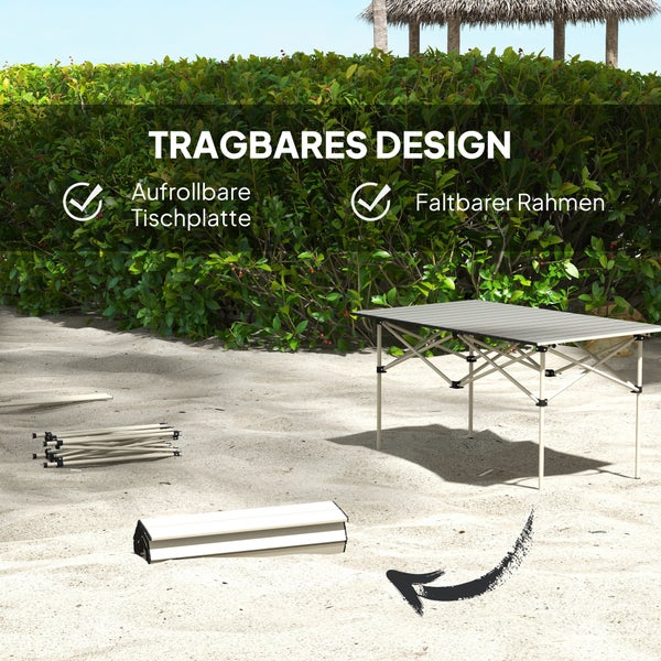 Outsunny Campingtisch Klapptisch mit Aufrollbare Tischplatte X-Rahmen Gartentisch aus Aluminium leicht 2 Personen Beistelltisch Falttisch für Garten Balkon Camping 95 x 55cm Khaki