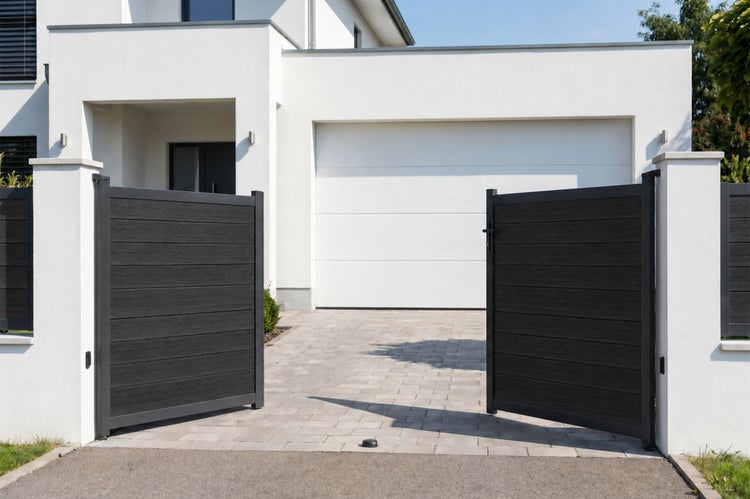 Zweiflügeliges Einfahrtstor aus anthrazitfarbenem Holz-Kunststoff-Verbundwerkstoff mit Holzoptik und Aluminiumrahmen vor einem modernen Haus mit Garage.