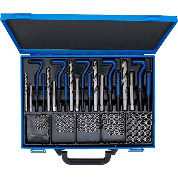 Gewindereparatur-Satz im Werkzeugkoffer mit Bohrern, Einsätzen und Werkzeugen