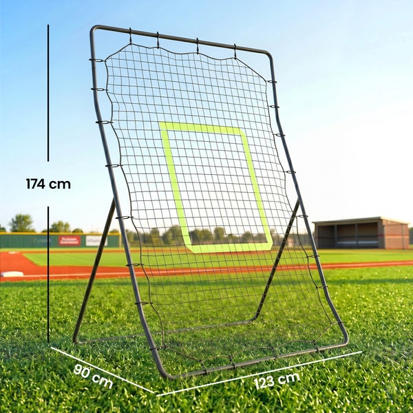 Baseball Reboundnetz für Wurftraining, 174 Zentimeter Höhe, 123 Zentimeter Breite und 90 Zentimeter Tiefe, mit Zielmarkierung auf dem Netz.