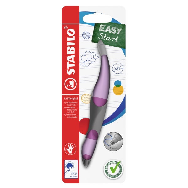 STABILO EASYoriginal ergonomischer Tintenroller in lila für Rechtshänder, nachfüllbar, 0,5 Millimeter Strichstärke, löschbare Tinte, STABILO Logo.