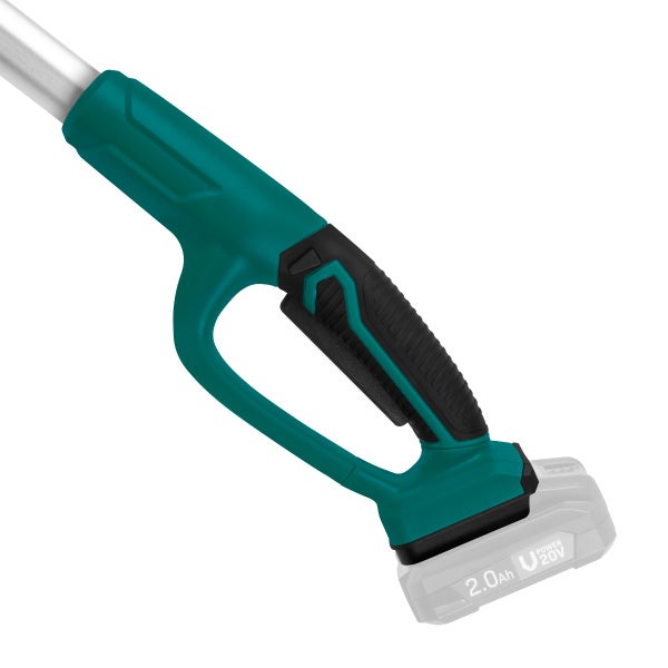 Ergonomischer Handgriff eines Gartenwerkzeugs mit Akkuaufnahme für das Power U 20 Volt System und eingesetztem 2,0 Amperestunden Akku.