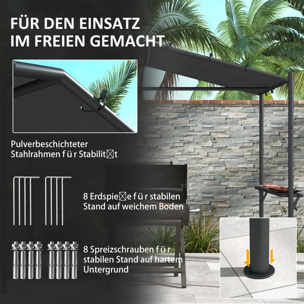 Outsunny Grillpavillon 277 x 149 x 230 cm wasserdicht flammhemmend Gartenpavillon mit Seitenregalen, Gartenlauben mit UV-Schutz, BBQ Pavillon aus Stahl, Gartenzelt Grillzelt für Party BBQ, Dunkelgrau