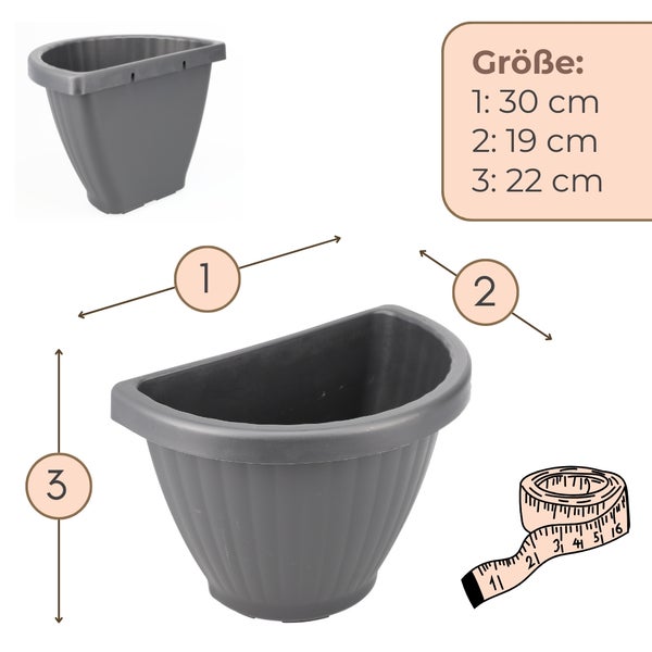 Grauer Wandblumentopf mit Maßangaben